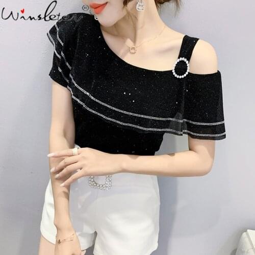 Summer European Clothes T-Shirt Chic Sexy Off Shoulder Ruffles Shiny Diamonds Women Tops Short Sleeve All Match Tees New T15205A