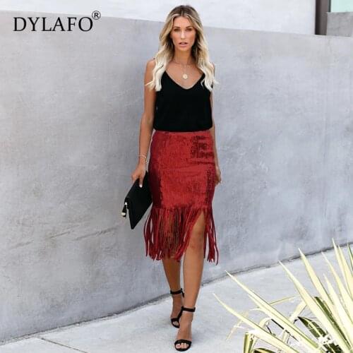 2019 New Sequined Tassel Patchwork Red Bodycon Skirts Women High Waist Hip Package Slim Streetwear Hipster Fashion Party Outfits