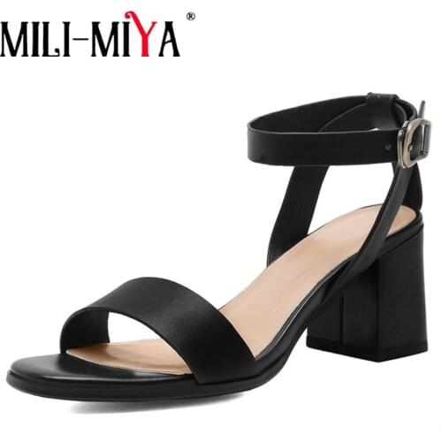 MILI-MIYA Classic Style Women Sandals Fashion Ankle Buckle Strap Ladies Summer Genuine Leather Peep Toe Work Casual Shoes Black