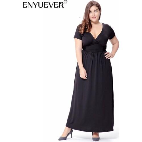 Enyuever Sexy Black Dress 5XL Plus Size Women Clothing Short Sleeve Deep V Neck High Waist Long Maxi Summer Party Casual Dresses