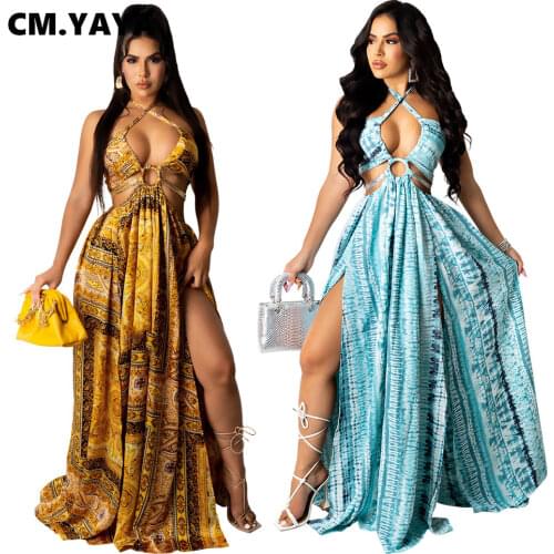 CM.YAYA Women Long Dress Print Sleeveless Halter Bandage Hollow Out Splited Maxi Dresses Sexy Night Party Vestidos Summer Outfit