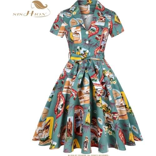 SISHION 2021 New Party Women Summer Dress SD0002 Short Sleeve Plus Size 50s Vintage Boho Y2K 50s 60s Cotton Vintage Dress