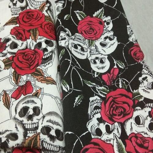 100% Cotton viaPhil Brand 50x70cm White Black Flower Skull Printed Cotton Canvas Fabric Fabric Patchwork Cloth Home Decor