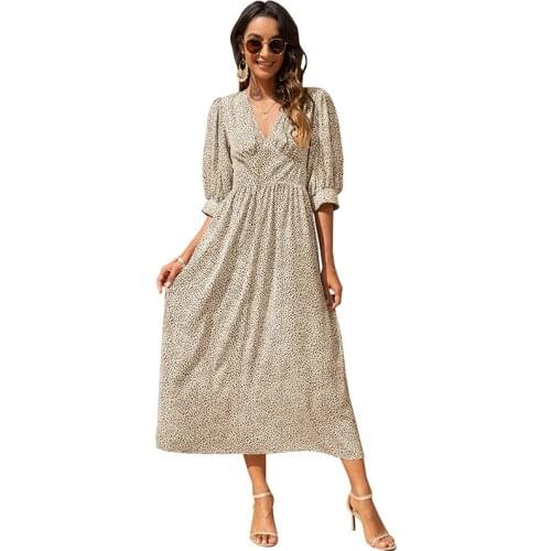 2021 Summer New Style V-neck Fashion Print Mid-sleeve Big Swing Dress Vestido Feminino