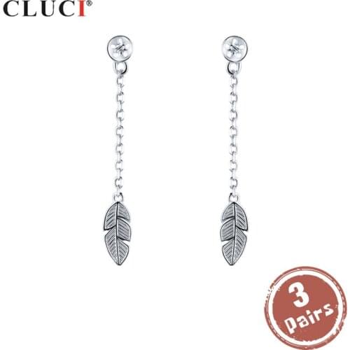 CLUCI 3 pair wholesale Silver Leaf Stud Earrings for Women Engagement 925 Sterling Silver Pearl Earring Mounting Jewelry SE103SB