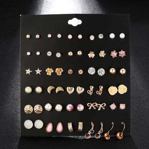 30 Pairs/set Fashion Gold Alloy Star Moon Flower Stud Earrings Set For Women Cute Pearl Crystal Rhinestone Earring Mixed Jewelry