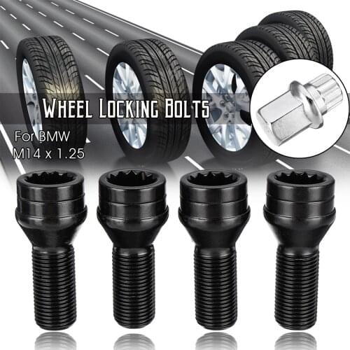 4pcs/set M14 x 1.25 Wheel Locking Bolts Lug Nut Black + Key For BMW Mini R50 R52 R53