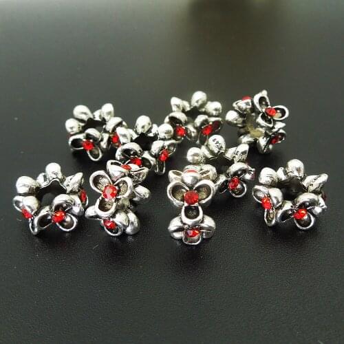 Zinc Alloy Spacer Beads red Crystal Cone Antique Silver dread dreadlock beads 11*7mm,big Hole:Approx 5mm,10 PCs