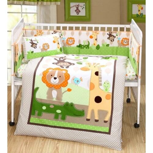 Embroidery Animals Boy Baby Cot Cribs Bedding sets 7pcs ,comforter+bumper+sheet+pillow