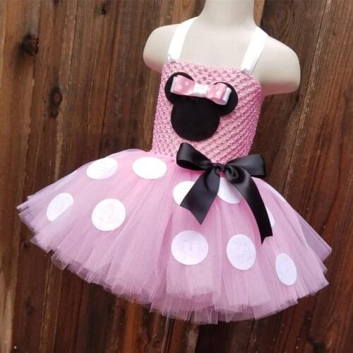 Baby Pink Mickey Cartoon Tutu Dress Girls Crochet Tulle Dress with White Dot and Hairbow Children Cosplay Party Costume Dresses
