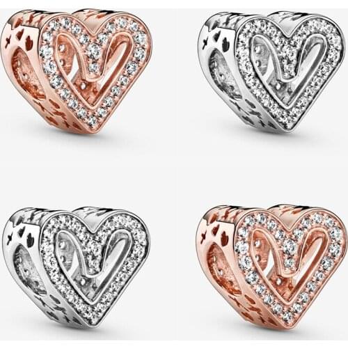 925 Silver Valentines Day Silver Rose Gold Hollow Bright Hand-painted Love Charm Fit Original Bracelet Necklace DIY Jewelry