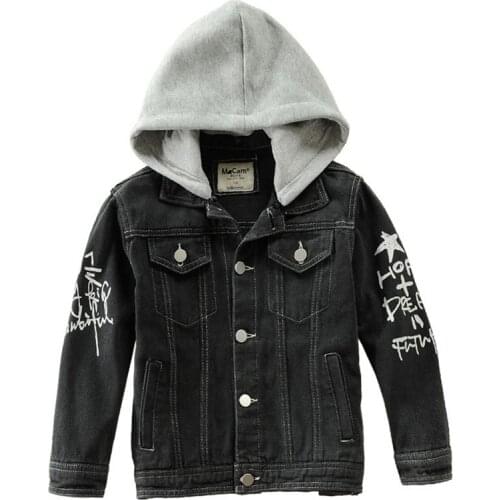 Boys Denim Jacket Hooded European Code Printed Jeans Coat for 1-12years Boys Toddler Kids Childrens Denim Jacket Clothes