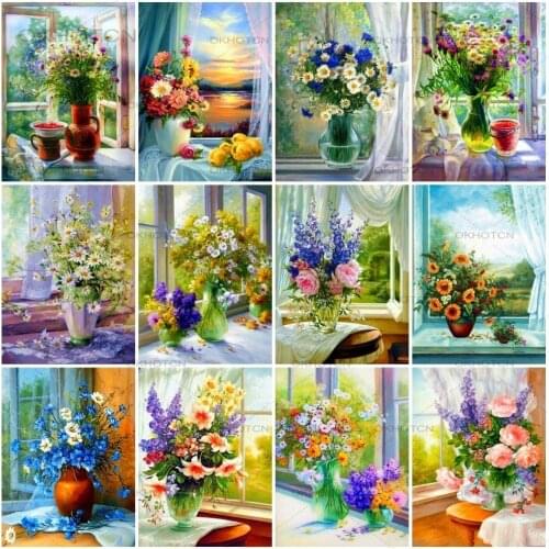Handicraft Diamond Painting Window Flower Cross Stitch Picture of Rhinestones Diamond Embroidery Scenery Mosaic Home Decor