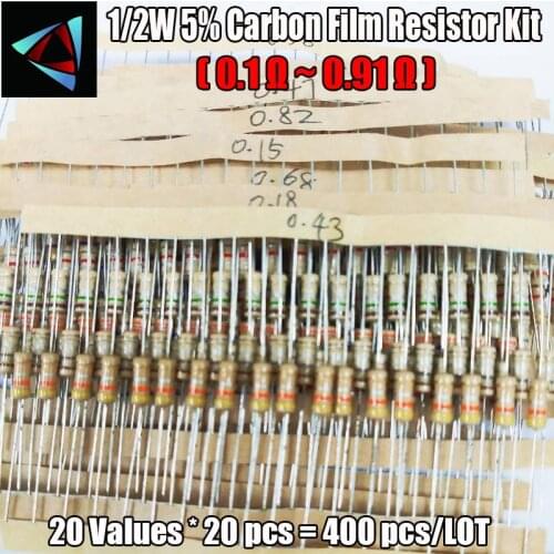 400pcs 1/2W 5% 0.1-0.91 ohm 20values Carbon Film Resistors Assortment Kit