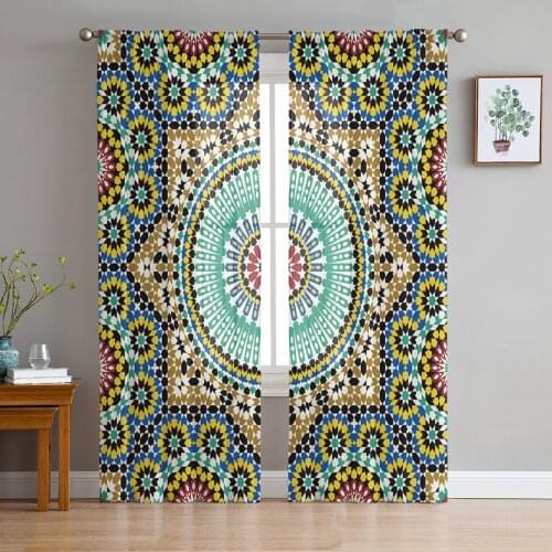 Morocco Colorful Flowers Arabesque Tulle Sheer Window Curtains for Living Room Kitchen Children Bedroom Voile Hanging Curtain