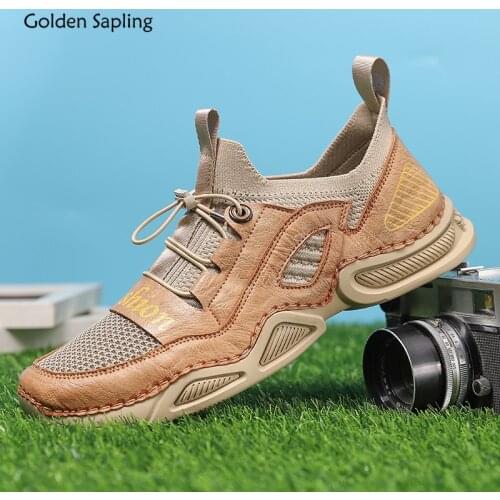 Golden Sapling Summer Casual Shoes Men Breathable Mesh Leather Retro Loafers Fashion Outdoor Mens Shoes for Mountain Trekking