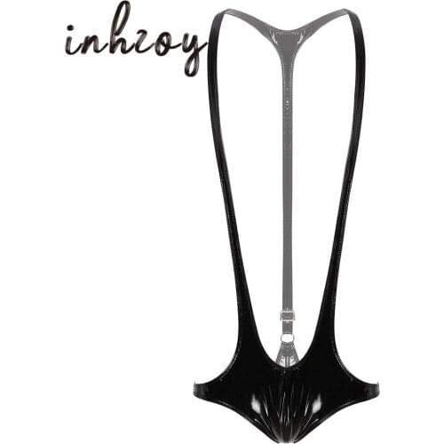 Mens One-piece Lingerie Wet Look Patent Leather Sexy Male Gay Underwear Solid Color Mankini Jockstrap Bodysuit Party Clubwear