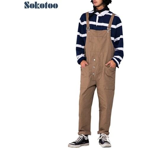 Sokotoo Mens loose pockets cargo bib overalls Black green khaki suspenders jumpsuits for lovers
