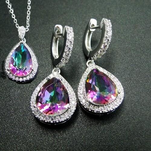 DJ CH Rainbow Fire Mystic Topaz Pendant Charm Earrings Set 925 Sterling Silver Jewelry Sets For Women