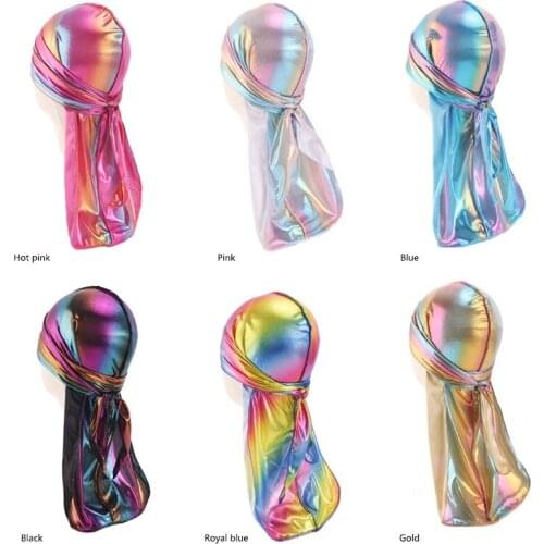 2019 New Fashion kids laser durag Unisex Silky Durag Long Tail And Wide Waves For men Colorful Hair accessories
