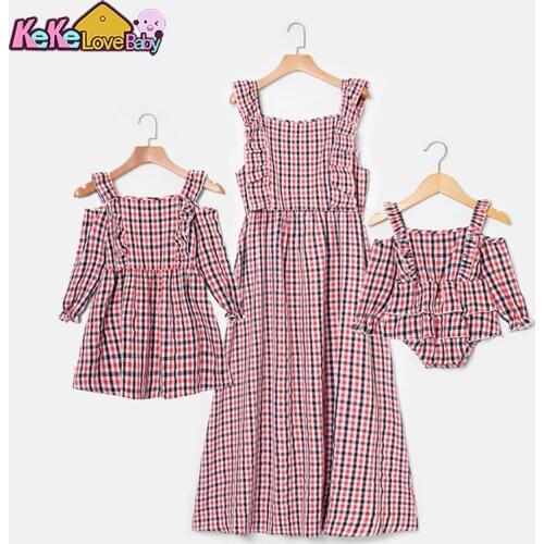 Family Matching Clothes Casual Dress for Mommy Daughter Newborn Romper Family Look Outfits Plaid Mom and Baby Girl Summer Red
