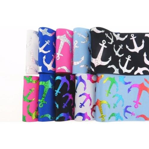 Wholesale 100Y/lot 75mm 3" hologram silver foil anchor printed polyester grosgrain ribbon welcome custom order
