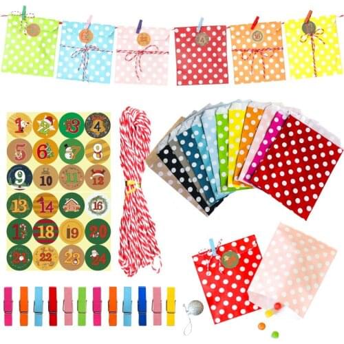 24set Creative Christmas Kraft Paper Bags Color Wave Dot Stripe Christmas Candy Bags Gift Packaging Bags Include Clip Sticker Co