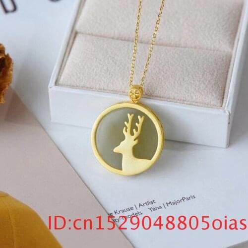 Natural Hetian Jade Elk Deer Pendant Necklace 925 Silver for Amulet Jewelry Gifts Fashion Chalcedony Women