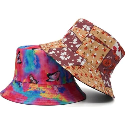 Reversible Bucket-Hats Vintage Floral Butterfly Print Sunscreen Men Women Panama Hat Cotton Anti-sun Outdoor Fisherman Cat