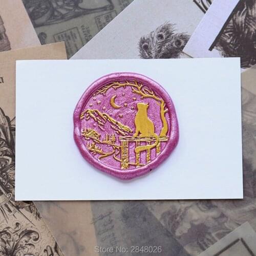 Cat in Night Seal Stamp,Cat under tree seal stamp,Mountain Seal Stamp Kit,invitation seals,gift packing Animals seal