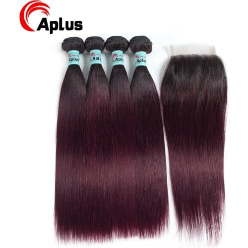 Aplus 1b 99j Straight Hair With Closure 5Pcs/Lot Peruvian Hair Bundles With Closure Free/Middle 3Part Ombre Wine Non-remy Hair