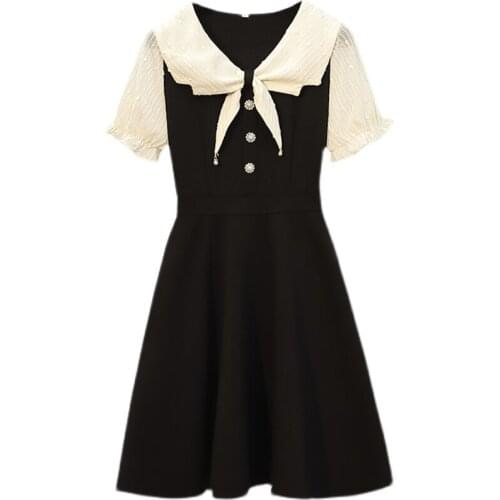 Plus Size Black Short Sleeve Doll Collar Dress Female Spring/Summer 2021 New Women Dresses Stitching Elegant Korean Office Dress