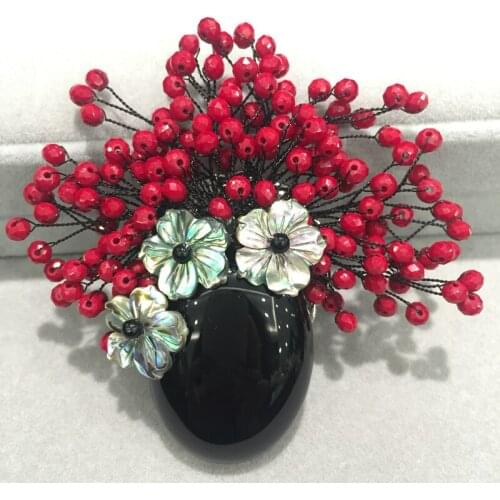 Romantic Natural onyx brooch & pendant red crystal fashion women jewelry free shipping semi-precious stone brooch