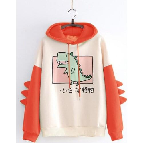 Hoodie Dinosaur Print Pullover Cartoon Women Splice Sweatshirt Casual kawai Style Thicken Sweatshirt Winter dino Top ropa mujer
