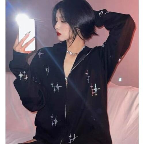 Y2K Gothic Sweatshirt Rhinestone 2021 zipper Grunge Clothes Star hot brick Harajuku punk oversized hoodies Retro Clothes