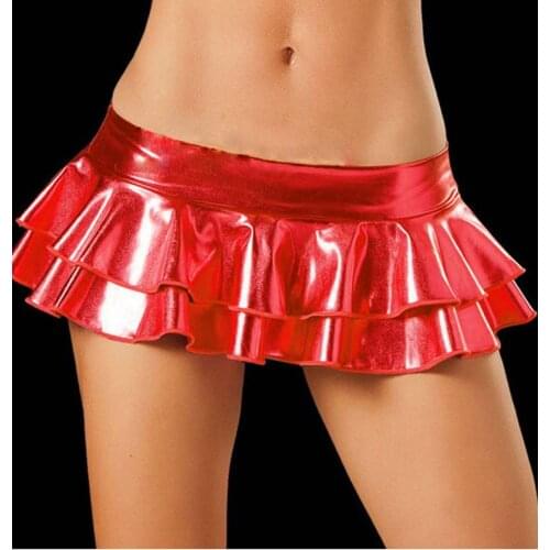 Women Female Shiny Metallic Pole Dance Mini Skirt Double Layered Ruffled Low Rise Skirt With Inside Panties Festival Clubwear