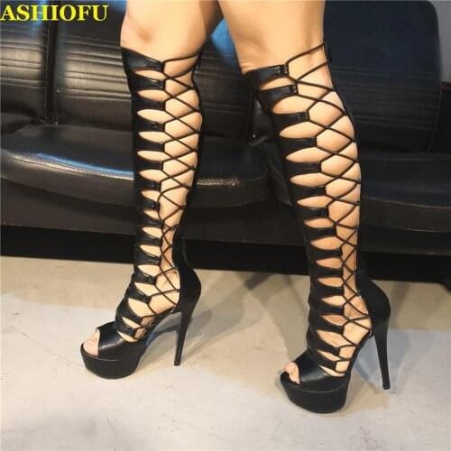 ASHIOFU Real Photos Handmade Womens Sandals Cross-criss Straps Sexy Platform Club Party Shoes Evening Dance Fashion Sandals
