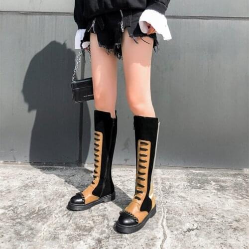 Mixed Colors Round toe knee high boots platform Metal Decoration long boots autumn fashion low heels boots women shoes MAZIAO