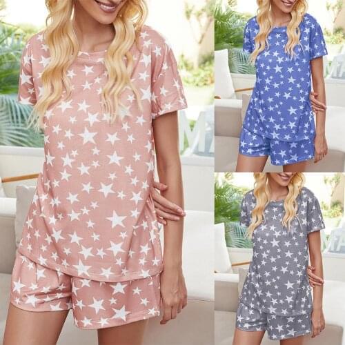 2Pcs Women Pajama Set Stars Print Short Sleeve T-shirt Top Shorts Pyjamas Homewear Womens Pajama Set Sleepwear Femme