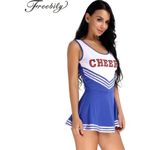 Womens Cheerleader Dress With Pom Poms School Girls Musical Party Halloween Cheer Leader Costume Fancy Dress Sports Uniform