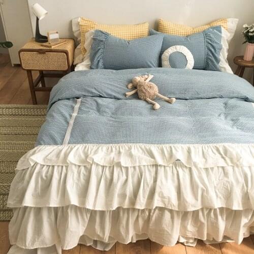 100% Yarn-Dyed Washed Cotton Princess Girl Bedding Set White Ruffle Splice Cake skirt design Duvet Cover Bed Skirt Pillowcases