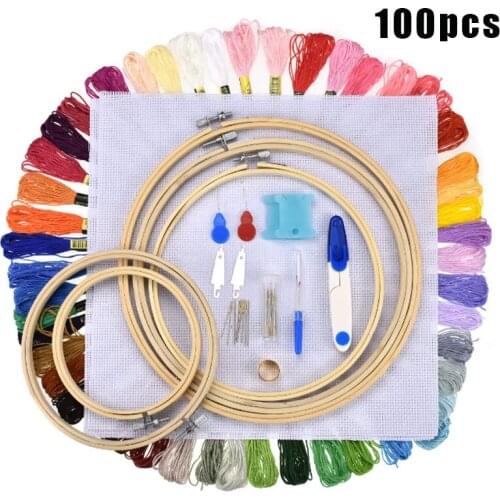 100 Skeins Threads Embroidery Beginners Kit for Cross Stich DIY Pattern Bamboo Embroidery Hoops E2S