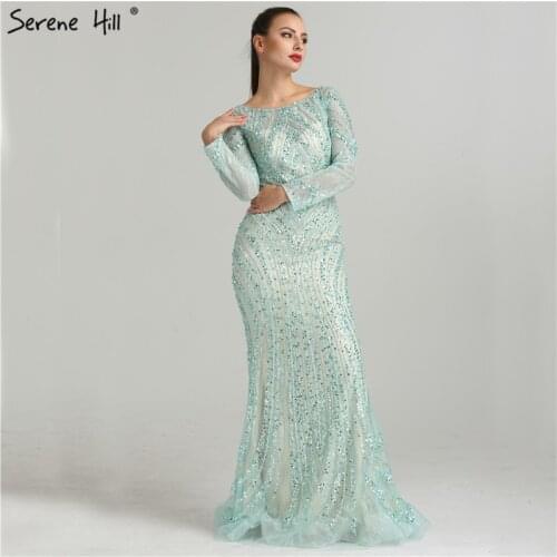 2020 Long Sleeves Luxury Sparkly Tulle Evening Dresses V-Neck Mermaid Beading Sequined Evening Gown Real Photo LA6396