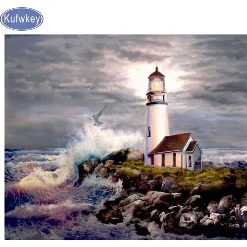 New DIY Diamond Embroidery sale"lighthouse"Seaside Diamond Painting Rhinestone diamond Mosaic 3d picture puzzles 5d home Decor