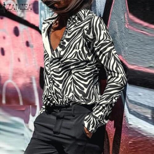 Zebra Print Women Blouses ZANZEA 2021 Autumn Fashion Shirts Streetwears Casual Long Sleeve Lapel Tops Ladies Loose Blusas 5XL 7