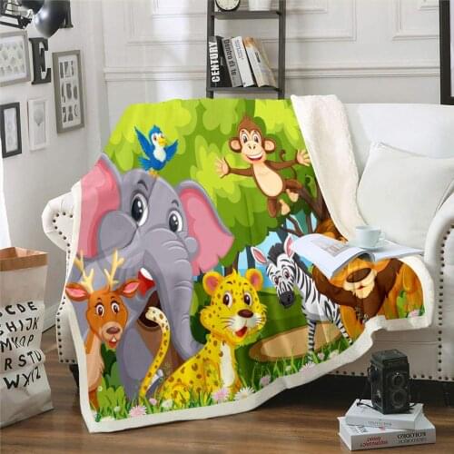 Kids Sherpa Blanket Cartoon Animal Print Fleece Throw Blanket for Child Boys Girls Cute Lion Giraffe Elephant Plush Blanket