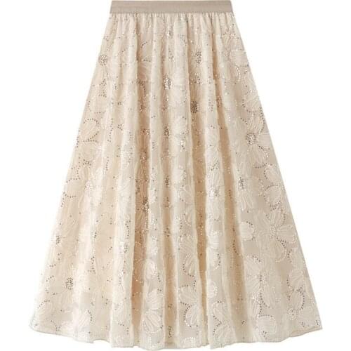 Elastic High Waist Flower Mesh Pleated Skirts Women Autumn Skirt Dress Winter