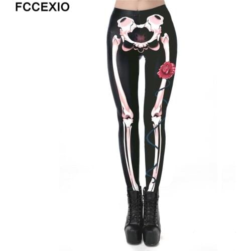 FCCEXIO New Halloween 3D Printed Retro Rose Bones Skeleton Sexy Women Casual Punk Rock Leggins High Waist Pants Fitness Leggings