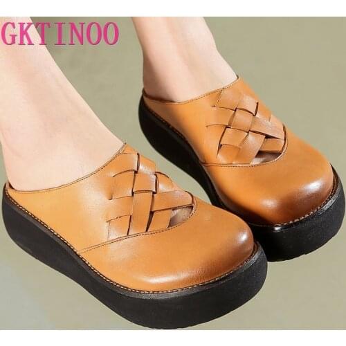 GKTINOO Genuine Leather Shoes Womens Slippers Handmade Slides Flip Flop On The Platform Clogs For Women Woman Slippers