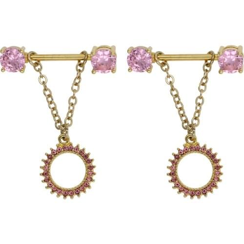 JHJT 2PCS Nipple Rings 14G 316L Surgical Stainless Steel Gold Sun Flower Chain Hang Nipple Ring Body Piercing Jewelry Gifts